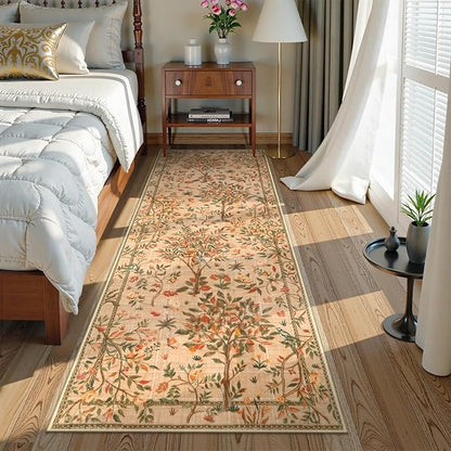 Morebes Boho Kitchen Runner 8 ft, Floral Halway Runner Rugs Non Silp Washable, Soft Low-Pile Flower Botanical Indoor Floor Throw Carpet for Entryway Bedside Bathroom, Brown