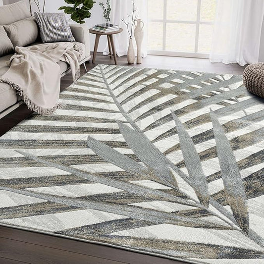 Abani 5'3" x 7'6" (5x8) Grey & Brown Modern Floral Living Room Rug - Non-Shed Tropical Palm Leaves Pattern Area Rug Rugs