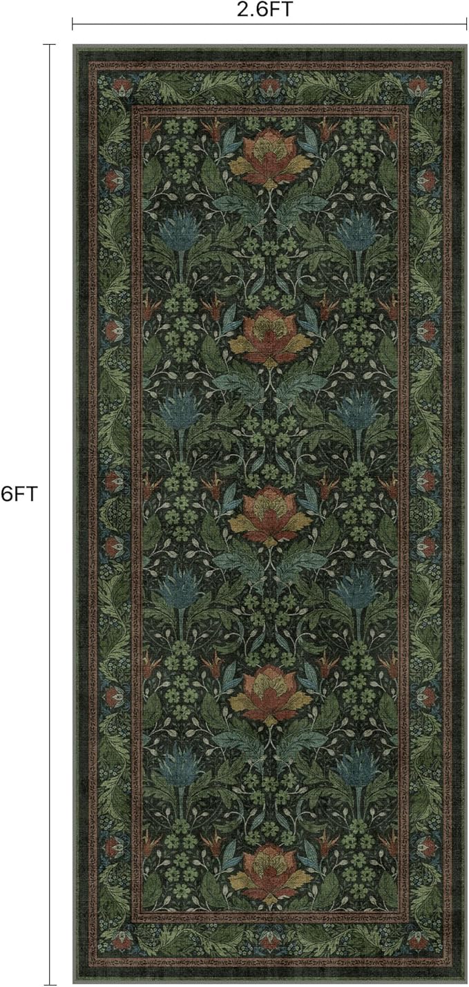 Bavni 2'6''x6 Runner Rug,Microfiber Washable Non-Slip Vintage Floral Rugs,Low Pile Lightweight Carpet for Bedroom,Hallway,Entryway,Kitchen,Bathroom, Dark Green