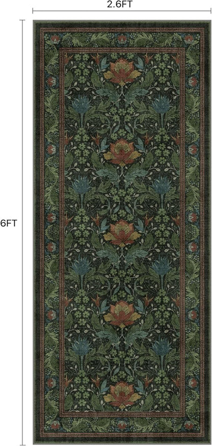 Bavni 2'6''x6 Runner Rug,Microfiber Washable Non-Slip Vintage Floral Rugs,Low Pile Lightweight Carpet for Bedroom,Hallway,Entryway,Kitchen,Bathroom, Dark Green
