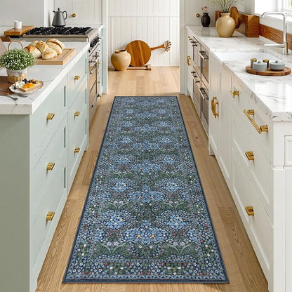 Lahome Floral Washable Kitchen Runner Rug, 2x6 Runners for Hallways Non Slip Ultra-Thin, Boho Soft Hallway Rug Forest Blue Carpet for Bedroom Bathroom Laundry Room, Blue