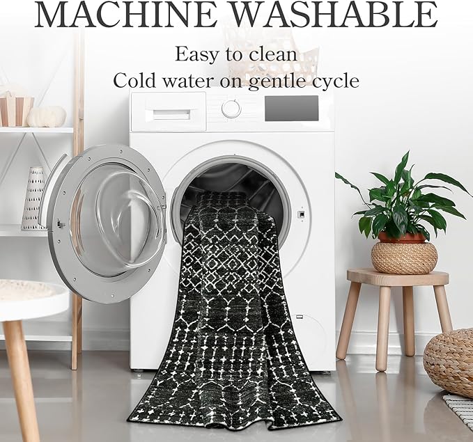 Lahome Moroccan 2x6 Black Runner Rug Non-Slip, Kitchen Rug Runner Washable Non-Skid Hallway, Geometric Print Distressed Carpet for Entryway Laundry