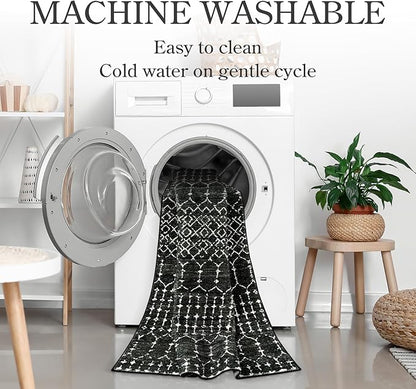 Lahome Moroccan 2x6 Black Runner Rug Non-Slip, Kitchen Rug Runner Washable Non-Skid Hallway, Geometric Print Distressed Carpet for Entryway Laundry