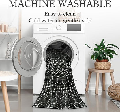 Lahome Moroccan Black Rug for Bedroom Washable Area Rugs 4x6 Non-Slip Ultra-Thin Living Room Carpet Stain Resistant Throw Entryway Indoor Mat, Geometric Print Modren Carpet Rug for Office Kitchen