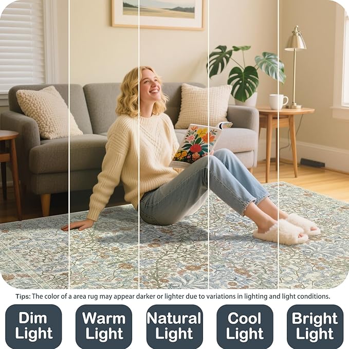Vintage Beige Blue Living Room Rug, 5x7 Washable Area Rugs for Dining Room Under Table, Soft Low Pile Large Carpet Bedroom, Non-Slip Boho Floral (5 x 7 Beige Blue)