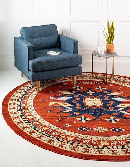 Unique Loom Taftan Collection Border Geometric Tribal Inspired Design Area Rug (8' 0 x 8' 0 Round, Terracotta/ Ivory)