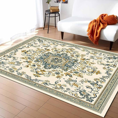 Bohemian Rectangular Area Rugs for Living Room Bedroom 3 x 5 ft Vintage Farmhouse Floral Pattern Non-Shedding Soft Low Pile Rug Non Slip Washable Rug for Nursery Entryway Playroom
