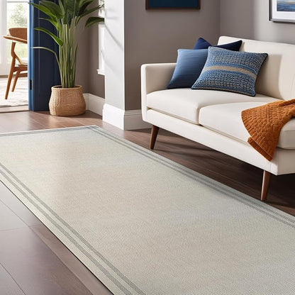 Easy Jute Rugs 2x7 Bordered Bone Color Living Room Indoor Outdoor Runner Rug for Patio and Kitchen Rug High Traffic Washable Easy to Clean Solid Boho Woven Design Outside Carpet (2 x 7)