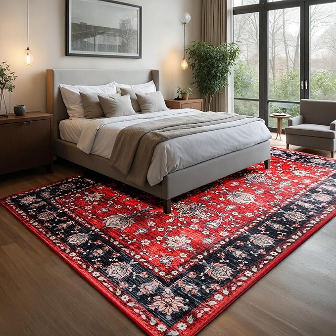 4x6 Washable Area Rug，Scarlet Red Vintage Accent Carpet with Navy Border, Boho Rug for Living Room, Dining Room，Bedroom, Entryway, Kitchen, Office, Indoor Non-Slip Mat, Holiday Ready