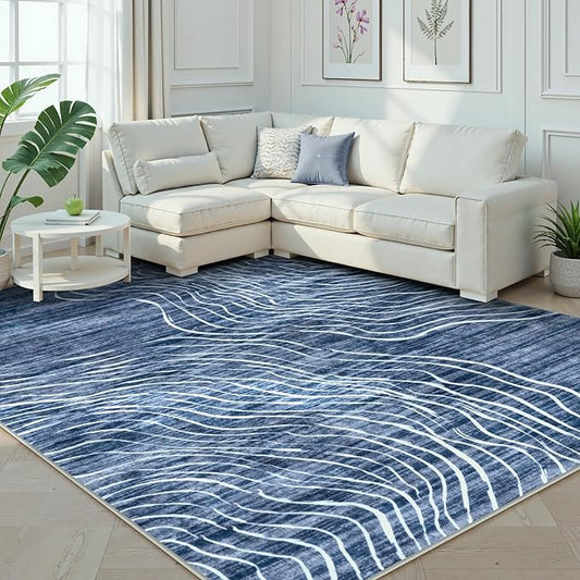 LIVEBOX 8x10 Modern Area Rugs for Living Room, Abstract Non-Slip Washable Rugs, Minimalist Wave Striped Neutral Boys Girl Nursery Area Rug for Bedroom, Carpet for Playroom Office(Navy Blue,8'x10')