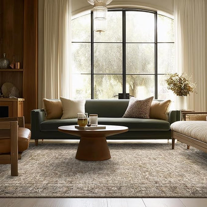 6x9 Washable Rug Vintage Fade Resistant Boho Distressed Non-Slip Indoor Large Carpet Low Pile Lightweight & High-Traffic Safe for Bedroom, Dorm, Playroom - Farmhouse Decor