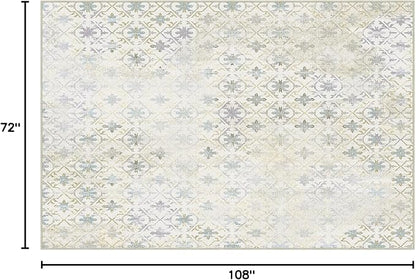 Phantoscope Washable Area Rug 6'x9' Non-Slip, Vintage Modern Boho Rugs for Living Room, Bedroom, Dining Room, Distressed Geometric Floral Pattern, Low-Pile Foldable Floor Carpet, Teal Floral/Beige