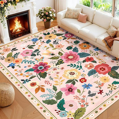 Floral 8x10 Area Rug Machine Washable Soft Print Boho Carpet Non Slip Doormat Low Pile Flower Area Rugs for Living Room Bedroom Nursery Kitchen Dining Room Indoor-Pink