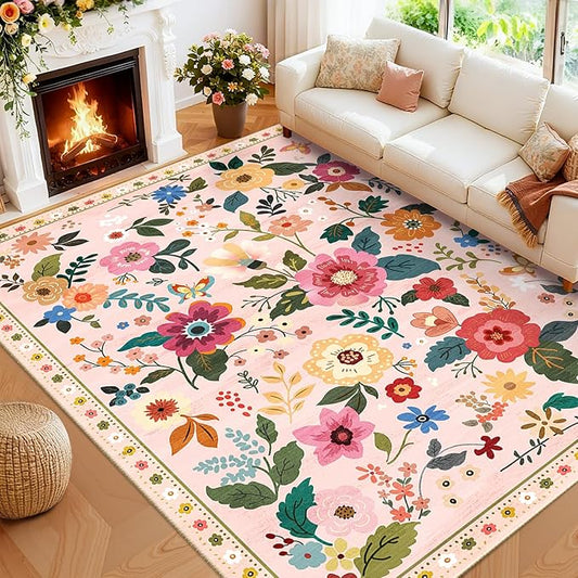 Floral 8x10 Area Rug Machine Washable Soft Print Boho Carpet Non Slip Doormat Low Pile Flower Area Rugs for Living Room Bedroom Nursery Kitchen Dining Room Indoor-Pink