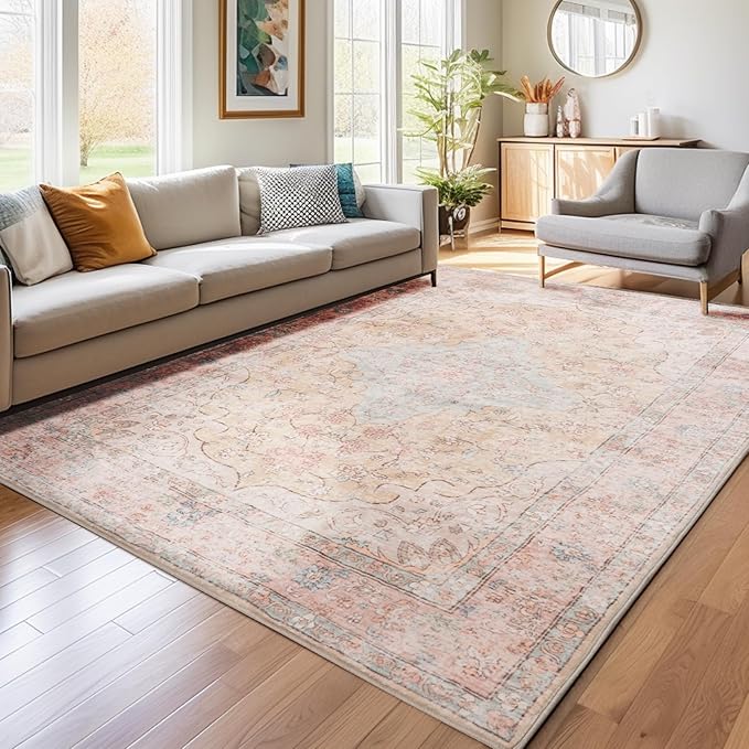 Area Rug - 9x12 Large Dining Room Rug Soft Living Room Mat, Vintage Washable Indoor Floor Throw Carpet for Bedroom, Playroom, Home Office (Cinnamon)