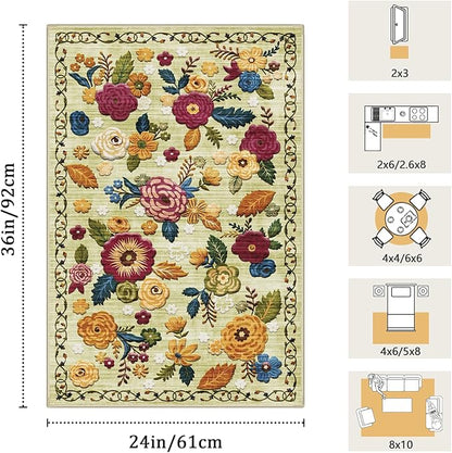 2x3 Machine Washable Area Rug for Entryway, Green Vintage Boho Floral Rug Non-Slip Low Pile Soft Faux Wool Small Carpet, Kids and Pets Friendly for Bedroom Kitchen Hallway Bedside Home Decor Rug