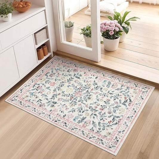 GarveeHome 2x3 Floral Rugs for Entryway, Non-Slip Soft Vintage Throw Door Mat, Low Pile Foldable Farmhouse Carpet, Non-Shedding Indoor Washable Small Rug for Bedroom Kitchen, Pink