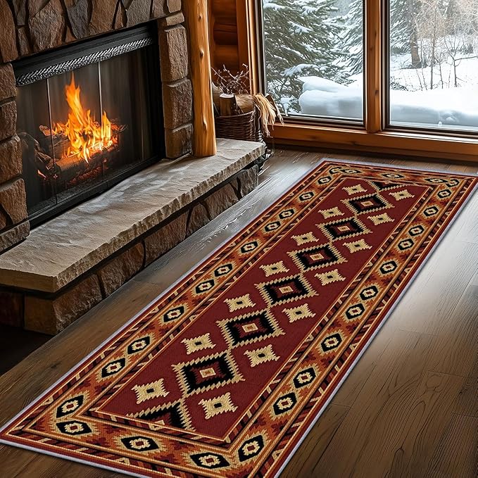 Burgundy Diamond Runner Rug, 3x10ft Hallway Runner Rugs - Corridor & Foyer Area Rugs, Non-Slip Mat Durable Rug, Washable Flannel Material, Southwestern Geometric Home Decor Carpet