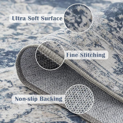 jinchan Fiora Washable Area Rug 3x5 Entryway Rug Distressed Vintage Floral Ultra-Thin Low-Pile Soft Non-Shedding Indoor Floor Carpet for Kitchen Bedroom Entrance Laundry Living Room(3x5ft, Dark Blue)