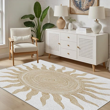Boho Washable Rugs for Bedroom 8x10, Modern Sun Print Soft Minimalism Area Rug, Non Slip Low Pile Abstract Carpet for Classroom Living Room Decor Dining Room Sofa Kids Nursery Room, Beige Yellow