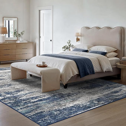 GENIMO Area Rugs 10x14 Machine Washable Rug for Living Room, Non Slip Indoor Modern Rug, Low Pile Lightweight Print Carpet for Bedroom Dining Room Home Office, Blue Ivory