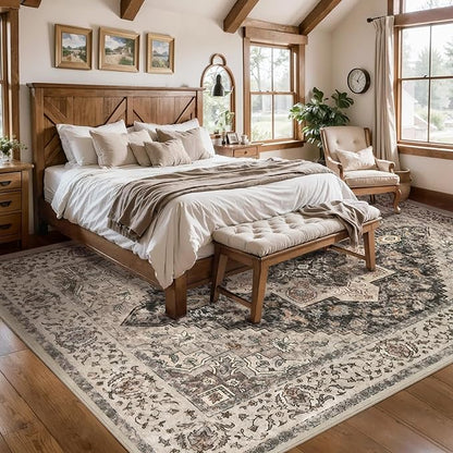 Tangsoo 8x10 Area Rugs for Living Room, 8x10 Washable Rug Vintage Indoor Non Slip Large Area Rugs, Print Distressed Grey Carpet, Soft Low Pile Foldable Floor for Bedroom Dining Room Dorm