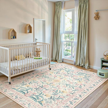 Lahome Pink Washable Rugs for Bedroom Girls 6x9, Boho Floral Living Room Rugs Non-Slip, Soft Low-Pile Nursery Carpet for Dining Room Kids Dorm Decor, Blush