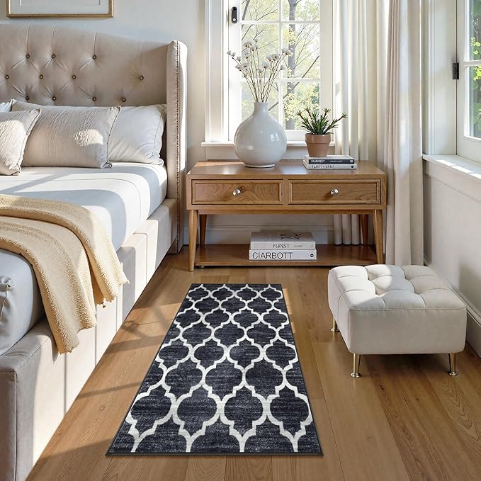 Lahome Moroccan 2x4 Runner Rug Washable Non Slip Black Entryway Runner Rugs, Laundry Throw Rug and Indoor Mat for Laundry Room, Washable Runner Rugs for Kitchen Hallway Entry Area Rugs(Black,2'x4')