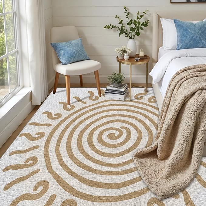 Boho Washable Rugs for Bedroom 4x6, Modern Sun Print Soft Minimalism Area Rug, Non Slip Low Pile Abstract Carpet for Classroom Living Room Decor Dining Room, Beige Yellow