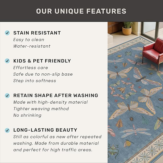 Insect 3x5 Washable Stain Resistant Rugs for Large Kitchen, Ultra Soft Faux Wool Rugs for Kids Bedroom Beside Bed, Non Slip Entry Rug, Low Pile Fade Resistant, Dusty Blue