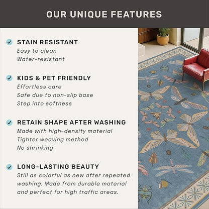 Blue Washable Kids Playroom Rug - 5x7 Area Rugs for Nursery Baby Boy, Bedroom, Living Room, Toddler Boy Room Decor, Cute Animals Print Carpet, Super Soft Non Slip Stain Resistant