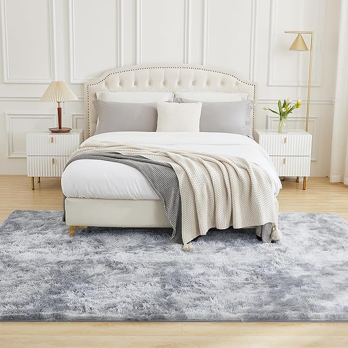 Andency 8x10 Area Rugs for Living Room, Upgrade Non-Slip Fluffy Soft Large Shag Bedroom Carpet, Tie-Dyed Light Grey Big Indoor Thick Nursery Rug for Kids Dorm Home Decor Aesthetic