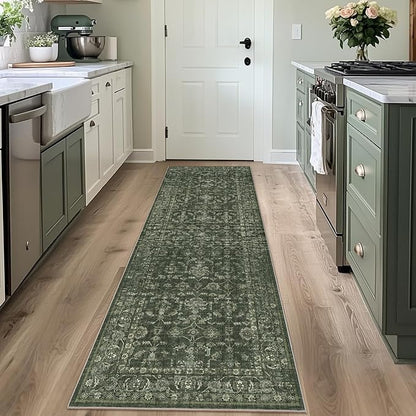 Washable Area Rug 2x6 Green Runner Rugs for Living Room, Vintage Boho Hallway Large Rug for Bedroom Dining Room Office, Distressed Floral Carpet for Under Table, Soft Non Slip Low Pile Throw Carpet