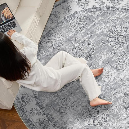 jinchan Fiora Round Rug 7ft Area Rug - Grey Vintage Floor Mat Indoor Ultra-Thin Soft Floral Print - Washable Circle 7' Retro Accent for Farmhouse Non Slip Dining Room Living Room Bedroom Office