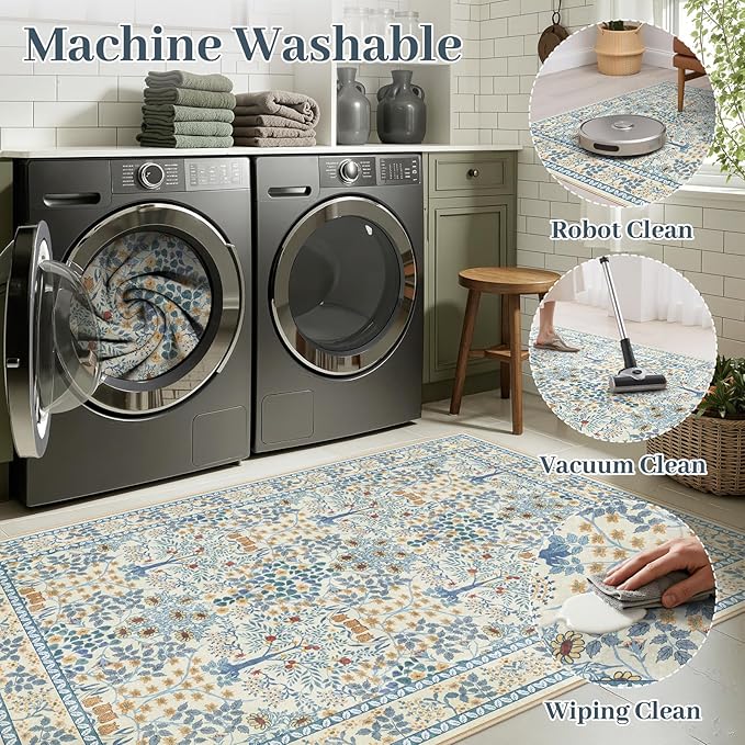 9x12 Area Rug Living Room Rug - Floral Vintage Forest Washable Carpet, Low Pile Non-Slip Stain Resistance Boho Soft Large Carpet for Bedroom, Dining Room Under Table, Farmhouse (9'x12' Blue/Orange)