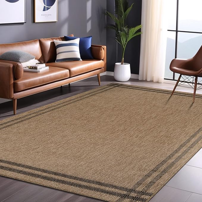 Easy Jute Rugs 5x7 Bordered Natural Color Living Room Indoor Outdoor Area Rug for Patio and Kitchen Rug High Traffic Washable Easy to Clean Solid Boho Woven Design Outside Carpet (5 x 7)