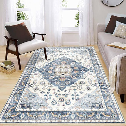 Enkor Area Soft Rugs 4x6 Washable Non Slip Boho Floor Rugs for Living Room Bedroom, Vintage Style Farmhouse Mat for Kitchen Entryway Blue & White