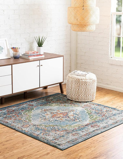 Unique Loom Isabella Collection Area Rug - Rossellini (4' 1" Square, Blue/ Beige)