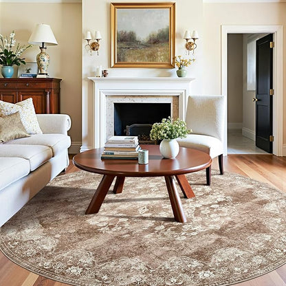 jinchan Round Rug 8ft Area Rug - Brown Vintage Floor Mat Kitchen Indoor - Washable Circle 8' Thin Floral Print Carpet Retro Farmhouse Non Slip Dining Room Living Room Bedroom Office