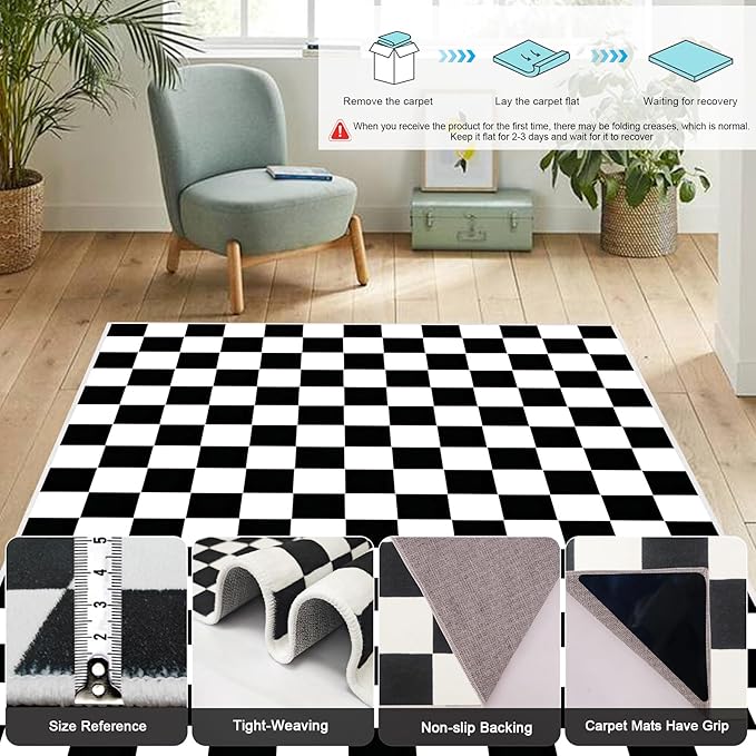 Checkered Rug 5x7 Large Washable Black and White Checkered Rug Modern Ultra Soft and Low-Pile Non-Slip Bedroom Carpet for Dining Room Living Room Home Decor (Black and White, 5x7ft)
