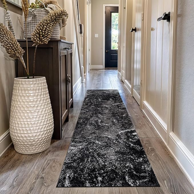 Rugshop Abstract Marble Shag Runner Rug Anthracite Dark Gray 2' 3" x 12' Great for Long Hallways, Open Entryways, or Galley Kitchens