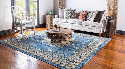 Unique Loom Taftan Collection Border Geometric Tribal Inspired Design Area Rug, 8 ft, Light Blue/Gold