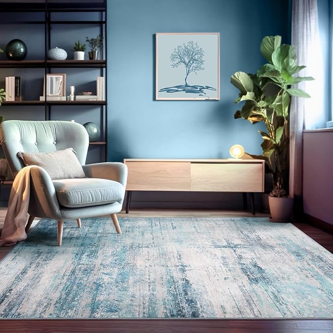 Abstract 4x6 Area Rug Washable Soft Non-Slip Carpet for Entryway Living Room Dining Room Bedroom - Abstract Teal/Grey
