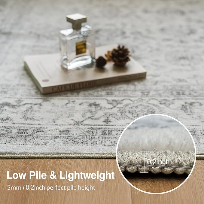 FMFUNCTEX 6x9 Washable Area Rug Grey Vintage Neutral Distressed Large Non Slip Carpet for Living Room Bedroom Soft Low Pile Indoor Mat Retro Floral Throw Rug for Dining Room Kitchen Office Nursery