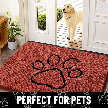 Smiry Dog Door Mat for Muddy Paws, Absorbent Dirt Trapper Non Slip Quick Dry Washable Chenille Mat for Mud Dogs, Entry Rug for Indoor and Outdoor (36x24 Inches, Maple Red and Black)