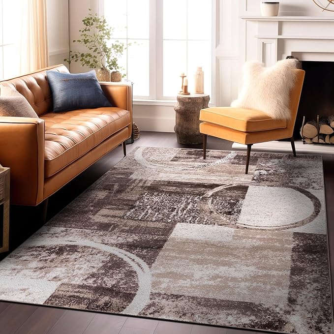 Rugshop Contemporary Abstract Circle Design Area Rug, Carpet with Jute Backing for Living Room, Dining Room, or Bedroom, Brown, 7'10" x 10'2"
