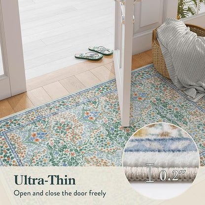 Lahome Floral Washable Rugs for Entryway, 2x3 Kitchen Rugs Non Slip Boho Soft Door Mat Indoor Entrance, Ultra-Thin Easy Clean Forest Design Small Throw Carpet for Bedroom Bathroom, Green