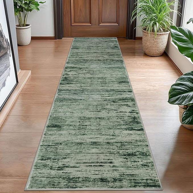 Modern Abstract Hallway Runner Rug, Forest Green Washable Kitchen Runner Non-Slip Soft 2x8 Runner Rug Thin Print Faux Wool Carpet for Entryway Bedroom Laundry Room Indoor