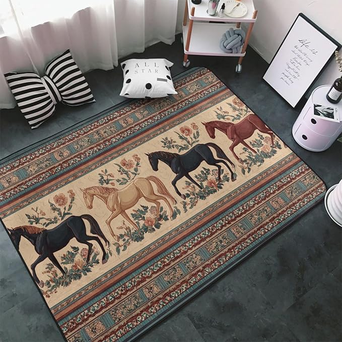 Horse Western Boho Ethnic Style Area Rug Washable Outdoor Rugs Anti-Slip Soft Carpet Entryway Indoor Door Mat for Bedroom,Living Room,Porch,Terrace and Entrance Decor 9'x 6'
