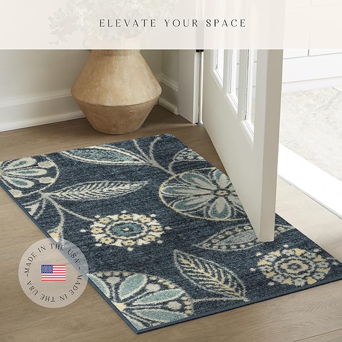 Maples Rugs Reggie Floral Kitchen Rug - Made in USA - Washable, Non Slip Indoor Carpet for Entryway, Foyer, Kitchen, and Bathroom, 1'8 x 2'10, Persian Blue